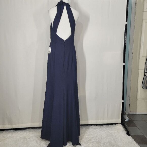 After Six Style 6827 Midnight Navy Crepe Bow-Neck Open-Back Trumpet Gown 14 - Picture 11 of 12